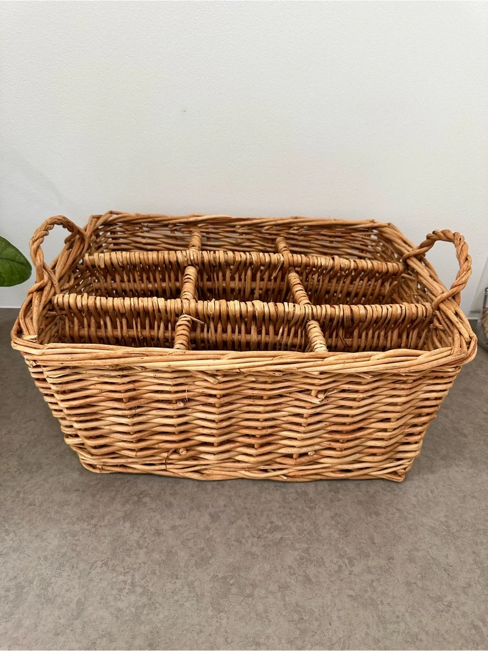 Vintage Woven Rattan Wicker Large Storage Basket 9 Compartments Handles Natural